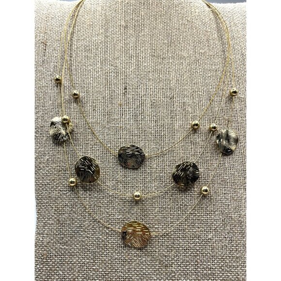 Gold Tone Layered Necklace With Textured Discs/Dots & Beads - Picture 4 of 4